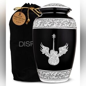 NIB Black and Silver Guitar Wing Design Urn for Human Ashes